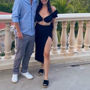 Black Ruffle Long Skirt and Crop Top Set